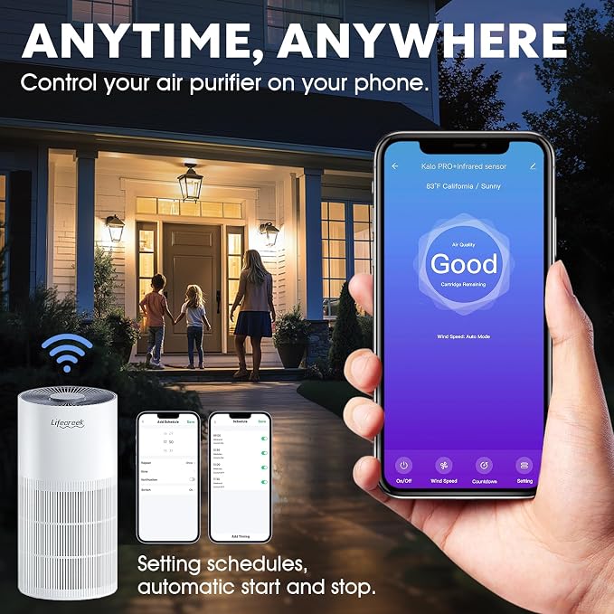 Lifecreek Air Purifiers for Home up to 1084 Ft², Air Purifiers for Large Rooms with Smart WiFi Control, 3-Stage Filter Air Purifiers for Bedroom 22 dB, Hepa Air Purifier Filter Cleaners for House