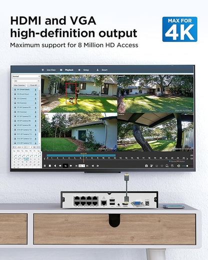 4COVR 4K 8 Channel H.265 PoE Network Video Recorder, HD NVR Work with 4MP/5MP/6MP/8MP IP Cameras, One SATA Port Up to 8TB (No HDD Included), Remote Access 24/7 Recording, LY-NVR8P