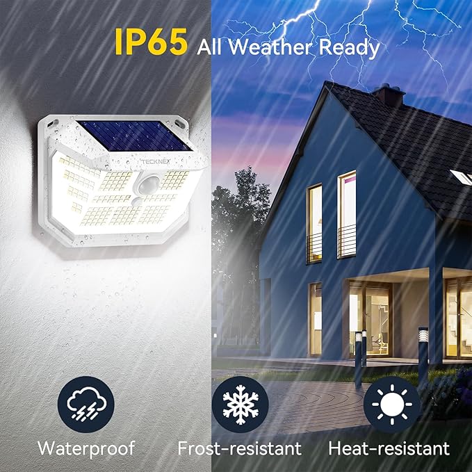 TECKNET 231 LED Solar Motion Lights Outdoor, 300° Angle & 3 Lighting Modes, PIR Motion Sensor & IP65 Security Solar Wall Lights for Fence Front Door Yard Deck Garden Garage(4 Pack)