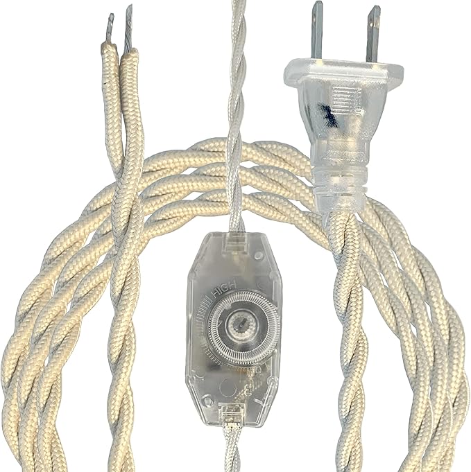 Royal Designs, Inc. 8Ft Twisted Rayon Lamp Cord with NEMA-15P Plug, Rotary Dimmer Switch, Stripped Ends Ready for Wiring, SPT-1 UL Listed, Off-White - Pack of 1