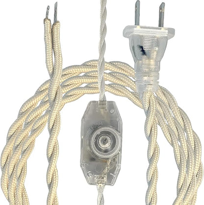 Royal Designs, Inc. 8Ft Twisted Rayon Lamp Cord with NEMA-15P Plug, Rotary Dimmer Switch, Stripped Ends Ready for Wiring, SPT-1 UL Listed, Off-White - Pack of 1