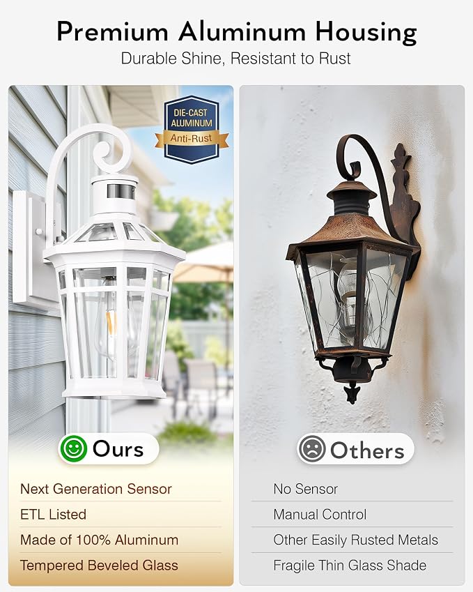 2 Pack Motion Sensor Outdoor Wall Lantern, White Outdoor Garage Lighting Fixtures Wall Mount, Waterproof Front Porch Lights with E26 Base, Exterior Sconce Light with Adjustable Sense Range