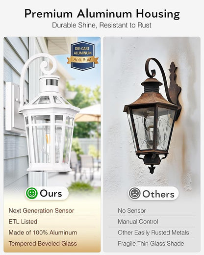 2 Pack Motion Sensor Outdoor Wall Lantern, White Outdoor Garage Lighting Fixtures Wall Mount, Waterproof Front Porch Lights with E26 Base, Exterior Sconce Light with Adjustable Sense Range