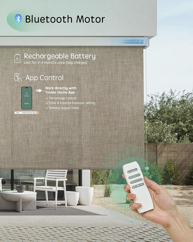 Yoolax Motorized Outdoor Shades Smart Retractable Patio Screens with App & Remote Control, Electric Blinds for Porch Patio Waterproof Roller Shades 8X8ft (5% Openness Minty Oat Latte)