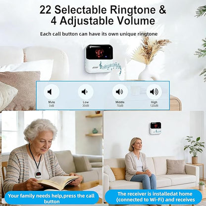 WiFi Caregiver Pager Medical Alert Systems for Seniors No Monthly Fee App Control Alert Button for Seniors at Home,2 Call Button and 1 Receiver,for Elderly,Patients,Disabled