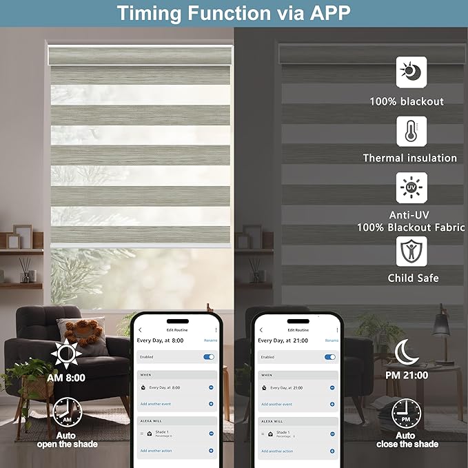 Bringnox Smart Motorized Zebra Roller Blinds-85% Blackout, Remote Control, Works with HomeKit, Google Home & Alexa via Hub, Custom Size