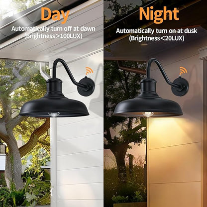 13.8'' Diameter Large Dusk to Dawn Outdoor Gooseneck Barn Light 2 Packs, Outdoor Wall Sconce Farmhouse Exterior Light Wall Lighting Fixture Industrial Outside Lantern for Porch, Patio, Garage, Black