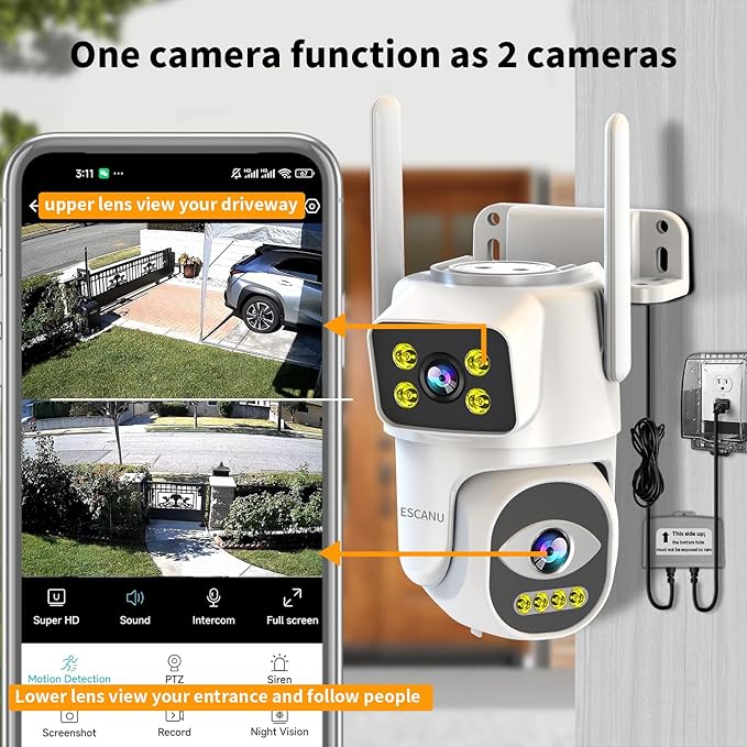 ESCANU Dual Lens Security Camera Outdoor,WiFi Camera for Home Security,Home Survaillance Outdoor,PTZ,2-Way Audio, Auto Tracking,Night Vision,24/7 Continous Record,IP65 Weather Proof