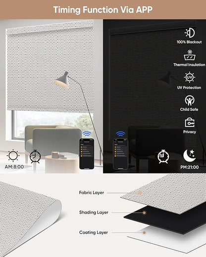 Motorized Blinds with Remote: Kincmo 100% Blackout Roller Shades Work with Apple Homekit,Alexa,Google Home, Customized Electric Blinds with App,Voice Control (100% Blackout Nestle Grey)