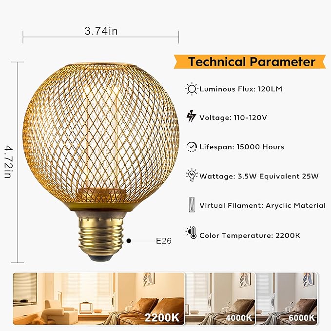 Decorative LED Light Bulb, Golden Metal Mesh Cover, E26 Medium Base, LED Lights for Bedroom Floor Lamp, Ceiling Light Fixture & Table Lamp, 3.5W Dimmable, 2200K Very Warm White Glow Bulbs