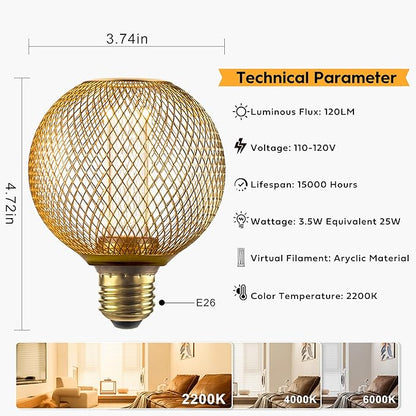 Decorative LED Light Bulb, Golden Metal Mesh Cover, E26 Medium Base, LED Lights for Bedroom Floor Lamp, Ceiling Light Fixture & Table Lamp, 3.5W Dimmable, 2200K Very Warm White Glow Bulbs