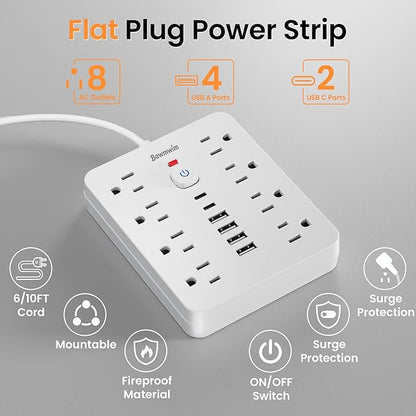 Surge Protector Power Strip - 8 Outlets(1850W/15A/14AWG) 4 USB A（2 USB C, 6FT Flat Plug Extension Cord, Wall Mount Multi Plug Outlet Extender, ETL Listed for Home, Dorm Room