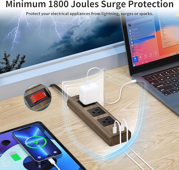 TOPREK Power Strip Surge Protector (1800J), 10 FT Flat Extension Cord with Ultra Thin Flat Plug, 3 Widely-Spaced Outlets with 1 USB-C & 1 USB-A, Wood Finish USB Charging Station for Home, Office, Dorm