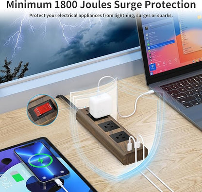 TOPREK Power Strip Surge Protector (1800J), 10 FT Flat Extension Cord with Ultra Thin Flat Plug, 3 Widely-Spaced Outlets with 1 USB-C & 1 USB-A, Wood Finish USB Charging Station for Home, Office, Dorm