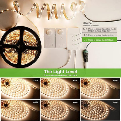 RAYZEEK Wireless Motion Activated LED Strip Lights,19.7FT LED Strip Lights with Power Adapter,Wireless Motion Sensor Control Dimmer,Timing,Warm White (1×Controller+2×Motion Sensor)