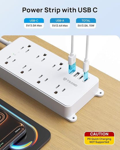 TROND Surge Protector Power Strip with 360° Rotating Plug, 7 Widely-Spaced Outlets, 2 USB-A and 2 USB-C, ETL Listed, Flat Plug 5ft Extension Cord, Wall Mountable, 1700J, for Home Office Garage, White