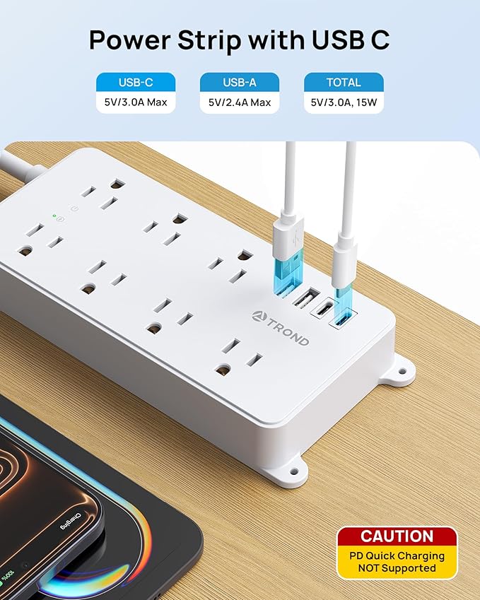 TROND Surge Protector Power Strip 10ft, ETL Listed, Flat Plug Long Extension Cord with 2 USB A and 2 USB C, 7 Widely-Spaced Outlets, Wall Mountable, 1700 Joules, White