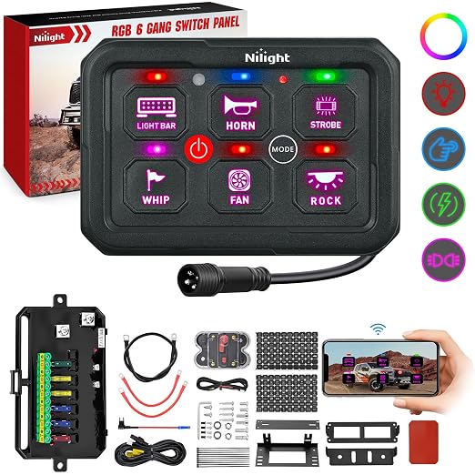 Nilight 6 Gang Switch Panel APP RGB 12V 24V Circuit Control System 4-Mode | Fuse Wiring Harness APP Remote Control Automatic Dimmable Toggle/Momentary/Strobe/Flash for Car Pickup Truck Camper SUV