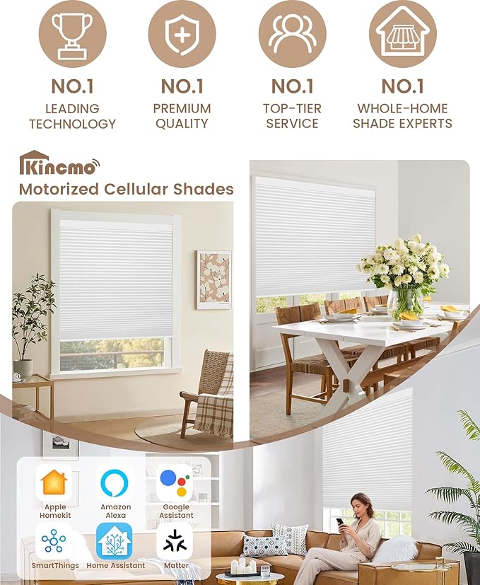 Kincmo Motorized Cellular Shades, Custom Motorized Blinds with Remote, Cordless Smart Electric Honeycomb Blinds Work with Apple HomeKit, Alexa, Google (100%-Blackout-Double-Cell White)