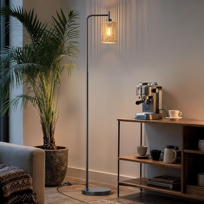 Oneach 66" Black Floor Lamp for Living Room, Boho Floor Lamp with Remote Control and LED Bulb, Rattan Shade, Industrial Tall Farmhouse Standing Lamp for Bedroom, Dining Room, Study Room, Office