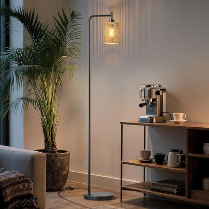 Oneach 66" Black Floor Lamp for Living Room, Boho Floor Lamp with Remote Control and LED Bulb, Rattan Shade, Industrial Tall Farmhouse Standing Lamp for Bedroom, Dining Room, Study Room, Office