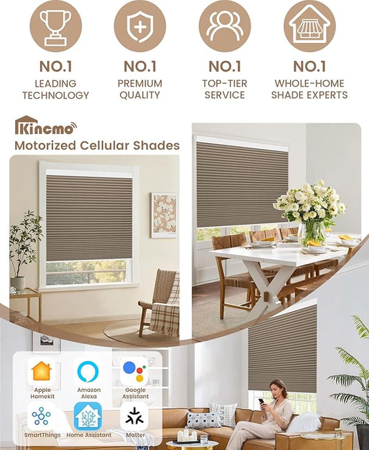 Kincmo Motorized Cellular Shades, Custom Motorized Blinds with Remote, Cordless Smart Electric Honeycomb Blinds Work with Apple HomeKit, Alexa, Google (100%-Blackout-Single-Cell Coffee)