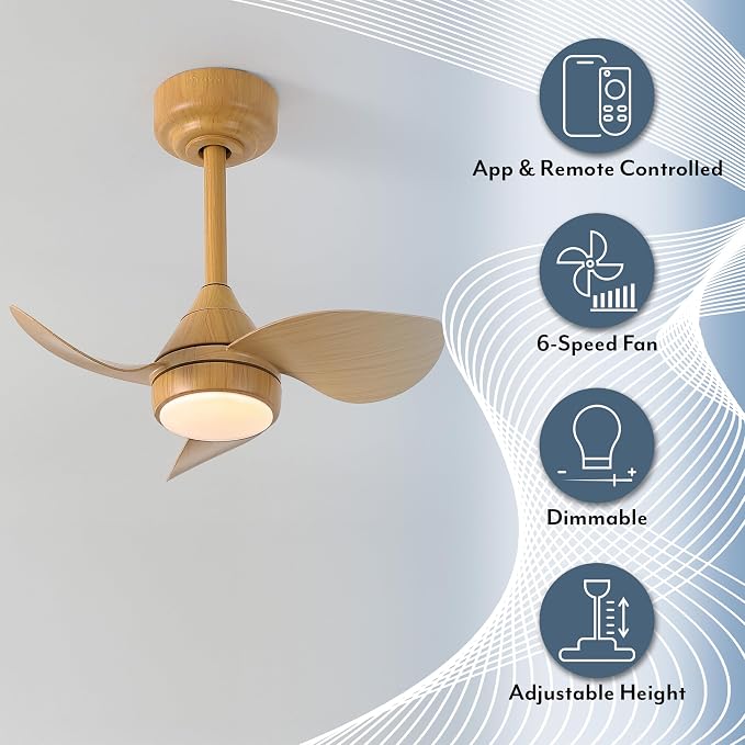 OVAL AIR AIR8000D Albini 22" Contemporary Minimalist 6-Speed Metal Mobile-App/Remote-Controlled Dimmable Smart Integrated LED Ceiling Fan for Living Room, Bedroom, Office, Aspen Pale Oak