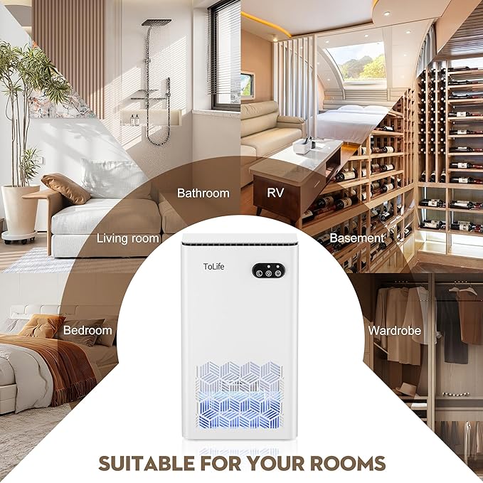 ToLife Dehumidifier for Home, 1000 sq.ft Dehumidifiers for Basement Bathroom Bedroom with 95 OZ Water Tank, Auto Shut Off 7 Colors LED Light, White Black
