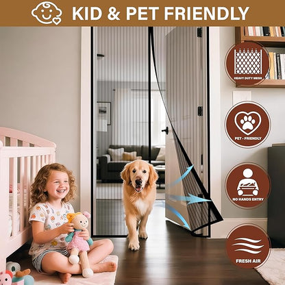 Magnetic Screen Door -Fit Door Size 34.0 x 78.0'' Retractable Screen Door Mesh for Front Door or Sliding Door, Pet & Kid Friendly, Hands-Free Closure Keeps Bugs Out & Lets Breeze in, Stripe Black