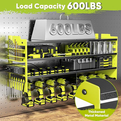 POKIPO Upgrade Power Tool Organizer Wall Mount with Charging Station,4 Layer Heavy Duty Metal Storage Rack Loads 600lbs with 8 Cordless Drill Holder,4 Outlet Power Strip Battery Utility Rack for Man