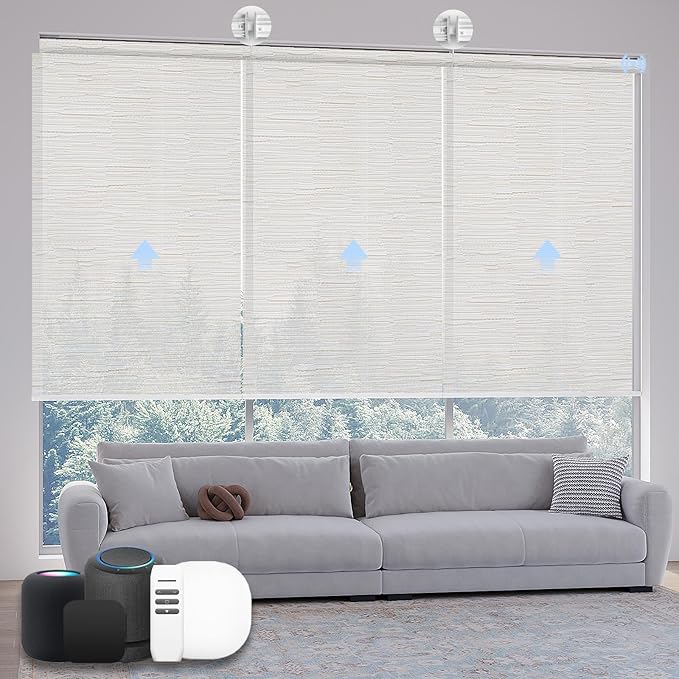 Motorized Coupled Shades, Light Filtering Smart Blinds for Large Windows Automatic Blinds Compatible with Alexa, Electric Roller Shades Customized for Living Room Home Office(Jacquaed Beige)