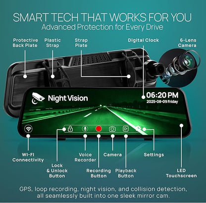 RIVELA 10” Rear View Mirror Camera - 4K Touchscreen Digital Rearview Mirror with GPS, G-Sensor, Loop Recording, Night Vision, 170° Wide Angle, Backup Dash Cam for Cars, Easy Installation