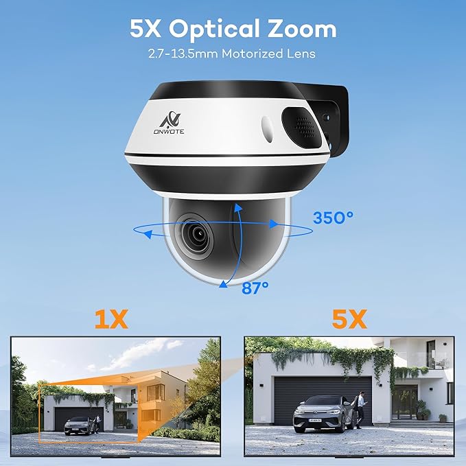 ONWOTE PTZ PoE IP Security Camera, 350° Pan 87° Tilt 5X Optical Zoom 4K 8MP, 2 Way Audio, 2.7-13.5mm Motorized Lens, AI Human Vehicle Detection, 60ft-100ft IR, Outdoor Dome with Audio