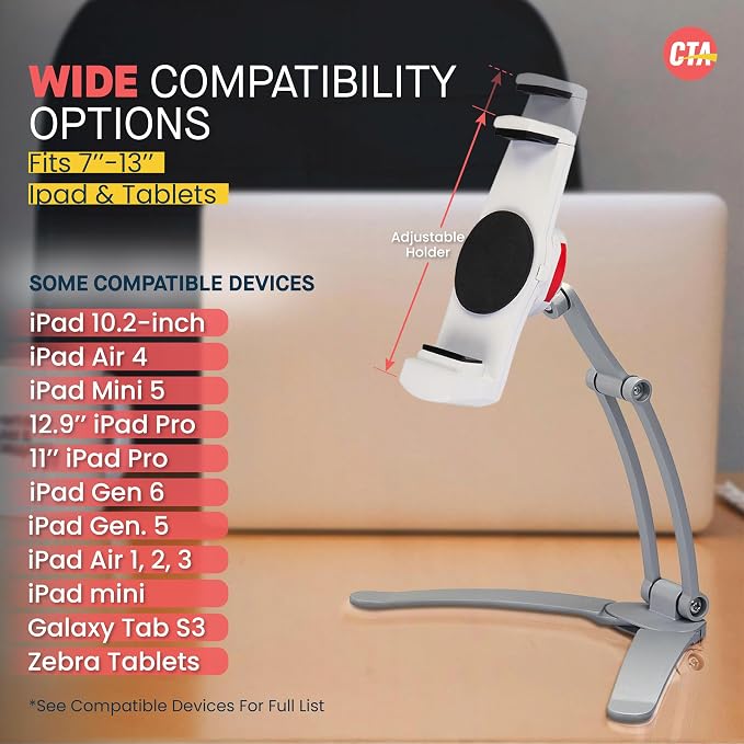 CTA Digital 3-in-1 iPad Tablet Mount – Multipurpose Universal Kitchen Mount Holder for All iPad Tablets 7-13" - Made for Wall - Under Cabinet & Desk - Silver (PAD-KMS)