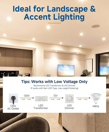 MR16 LED Bulbs Dimmable, 50W Halogen Replacement, 2700K Cozy Warm White, GU5.3 Bipin Base, 5W 12V Low Voltage Landscape Recessed Lighting Bulbs,6-Pack
