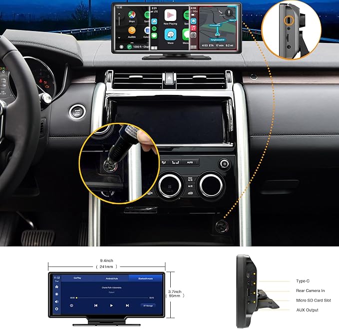 SCUMAXCON 10.26" Portable Car Stereo Wireless Carplay Android Auto 4K Dash Cam IPS Touchscreen Backup Camera Loop Recording GPS Navigation Bluetooth FM AUX Built in Speaker Car Audio Receiver
