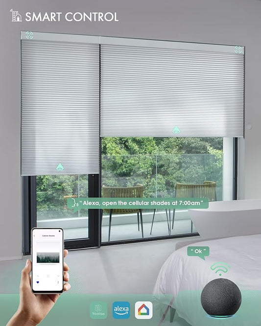 Yoolax Motorized Cellular Shades Compatible with Alexa, Room Darkening Motorized Blinds with Remote Smart Honeycomb Shades for Indoor Windows, Automatic Blinds Custom Size (Pearl)
