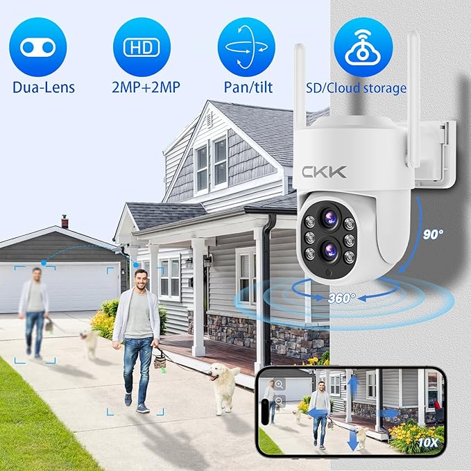 CKK 2MP Dual Lens Camera,Wireless WiFi 2.4/5GHz Outdoor Security Cameras Plug&Play for 10X Zoom Pan&Tilt 360°,AI Motion Detection/Light Alarm, 24/7 Recording, Work w/Alex