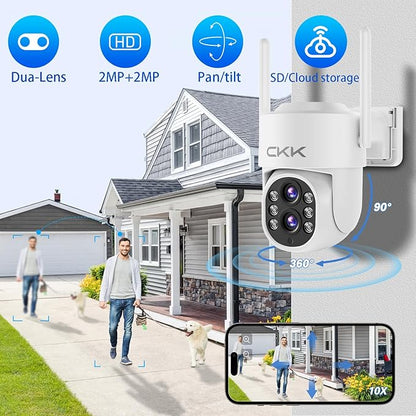 CKK 2MP Dual Lens Camera,Wireless WiFi 2.4/5GHz Outdoor Security Cameras Plug&Play for 10X Zoom Pan&Tilt 360°,AI Motion Detection/Light Alarm, 24/7 Recording, Work w/Alex
