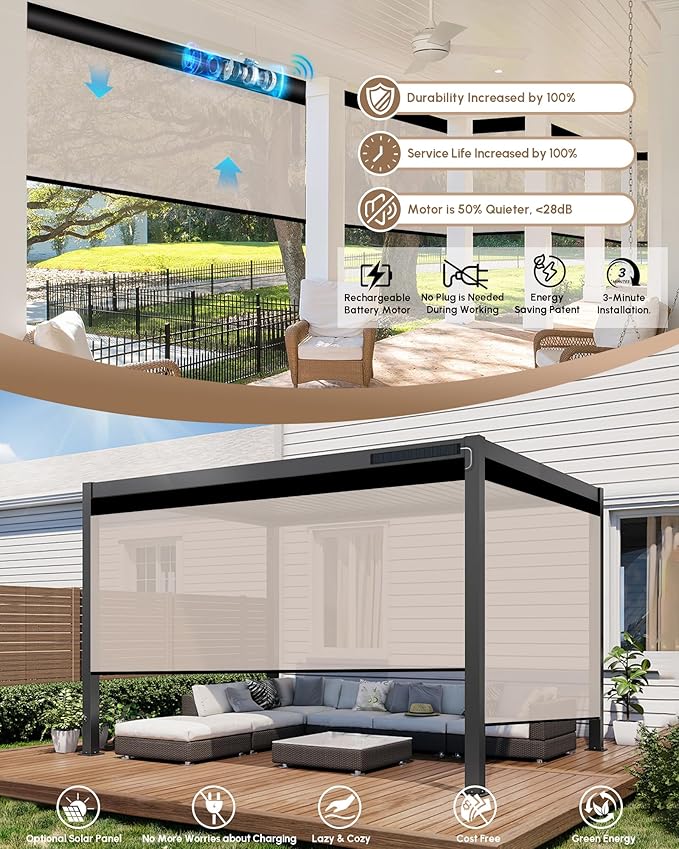Kincmo Motorized Outdoor Shades for Patio Porch, Custom Outdoor Motorized Blinds with Remote, Waterproof & Windproof Patio Shades Work with Apple Homekit,Alexa,Google (3% Openness Beige)