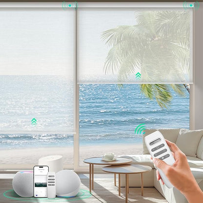 HeyBlinds Motorized Blinds with Remote, Smart Roller Shades with App & Voice Control, Compatible with Alexa Google HomeKit, Light Filtering Custom Window Shades for Living Room Office (Mist-White LF)
