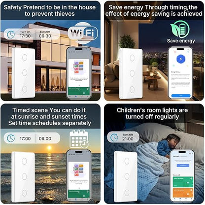 2.4GHz WiFi Smart Touch Wall Single Fire Smart Light Switch, Need Neutral Wire, Glass Panel Light Switch Work with Smart Life/Tuya App, Alexa and Google Home 2 Pack (White 3 Gang)