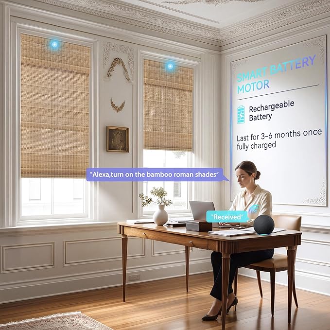 Motorized No Drill Bamboo Roman Blinds with Remote,Cordless Smart Light Filtering Bamboo Roman Shades for Indoor Windows,Alexa Google Home,APP Control,Brown28D07,35" W x 64" H