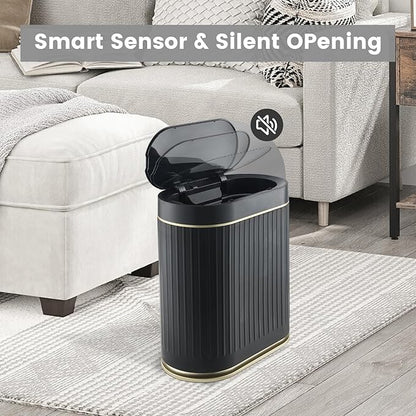 ELPHECO Bathroom Trash Can 2 Gallon Plastic Smart Garbage Can Waterproof Wastebasket Bathroom Decor Narrow Garbage Bin with Automatic lid for Bedroom, Kitchen, Office, Black Gold
