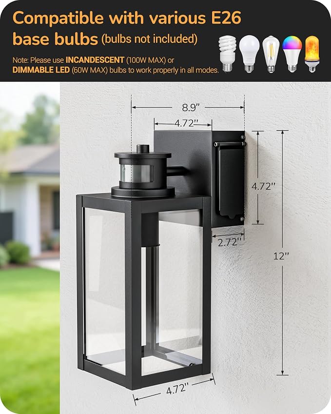 EDISHINE 2 Pack Outdoor Wall Light with Outlet Motion Sensor Dusk to Dawn