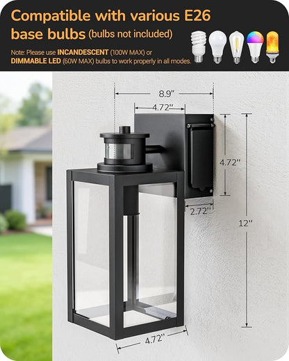 EDISHINE 2 Pack Outdoor Wall Light with Outlet Motion Sensor Dusk to Dawn