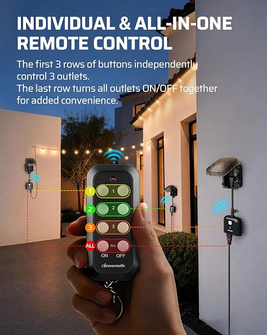 DEWENWILS Outdoor Wireless Remote Control Outlet, Dual Grounded 15A Heavy Duty Plug-in Light Switch, 100FT RF Range, Weatherproof, Individual & All-in-One Remote, 1 Remote & 3 Receivers, Black