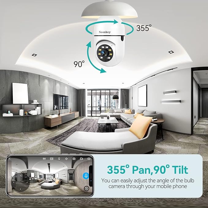 Noonkey 2K/3MP Light Bulb Security Camera, 5G& 2.4GHz WiFi 2 Pack Alexa Home 360° Wireless Security Camera Outdoor, Motion Tracking Detection Alarm,Color Night Vision