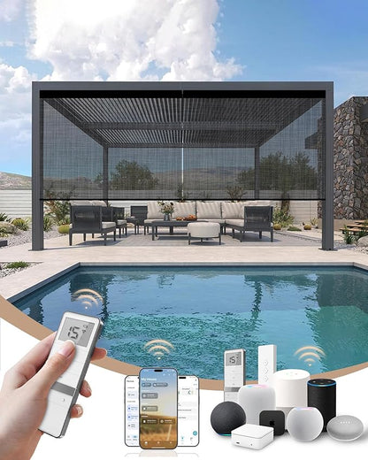 Kincmo Motorized Outdoor Shades for Patio Porch, Custom Outdoor Motorized Blinds with Remote, Waterproof & Windproof Patio Shades Work with Apple Homekit,Alexa,Google (5% Openness Texture Dark Grey)