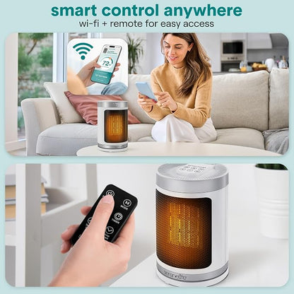 SereneLife Smart Space Heater – 1500W Indoor Electric Heater with Thermostat, Remote Control, 12-Hour Timer, Wi-Fi Enabled PTC Ceramic Heating for Home and Office, White (5.9" x 5.9" x 9.5")